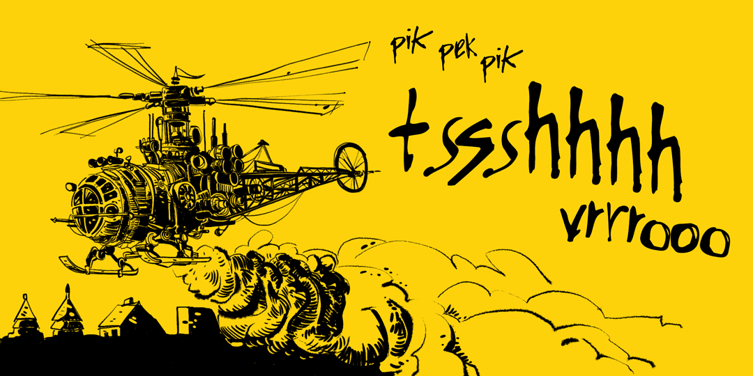 Cartaz em estilo quadrinhos com ilustração steampunk de helicóptero em nanquim sobre fundo amarelo — onomatopeias em Gritty Ink demonstrando alternates automáticos com letras repetidas