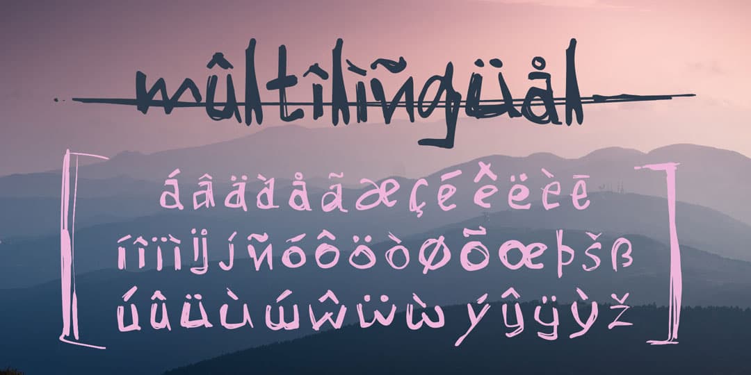 Cartaz multilíngue com gradiente rosa-azul demonstrando diacríticos e cobertura de caracteres da fonte Gritty Ink