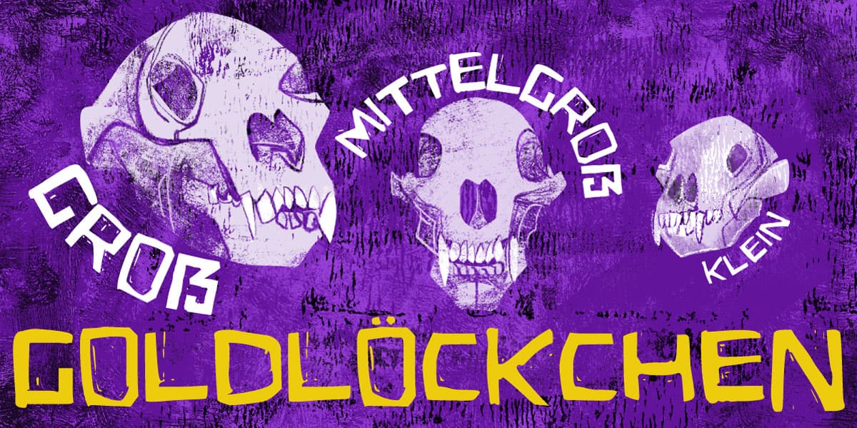 Cartaz "Goldlöckchen" com caveiras de urso em estilo xilogravura: demonstração dos diacríticos da fonte Eldes Cordel com textos em alemão
