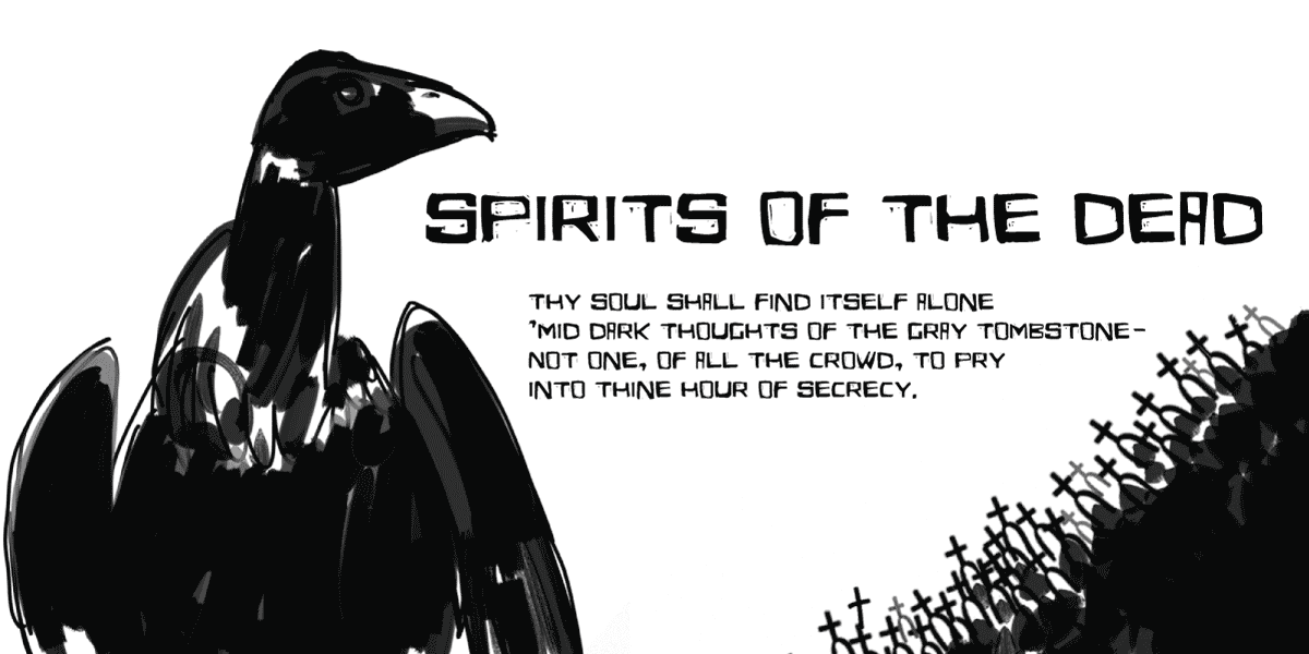 Cartaz "Spirits of the Dead" com poema de Edgar Allan Poe: ilustração de urubu e cemitério com título e texto em fonte Eldes Cordel — aplicação em tema de terror