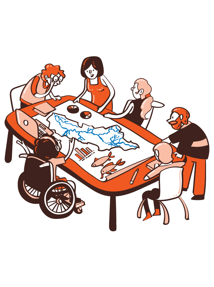Ilustração do volume 4 — Pessoas reunidas em volta de uma mesa discutindo sobre as bacias hidrográficas