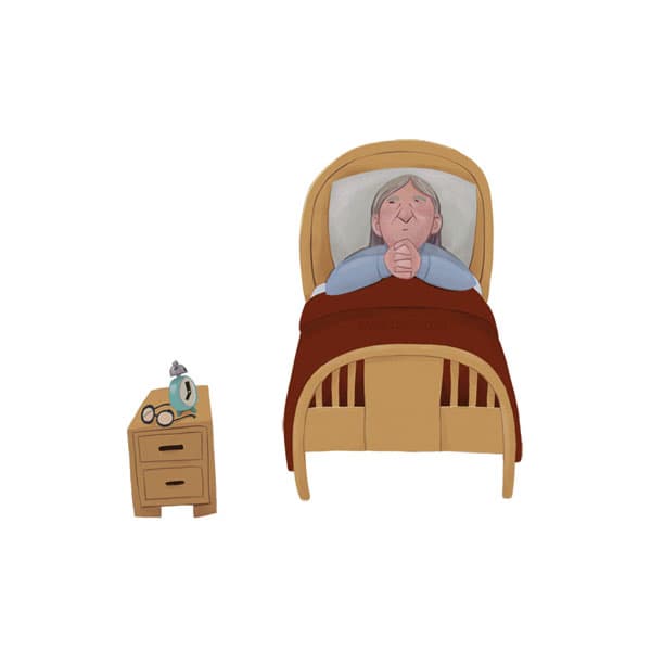 Ilustração elaborada pelo ilustrador Eldes, mostrando a viúva, do livro A Viúva e o Papagaio, deitada na cama acordada