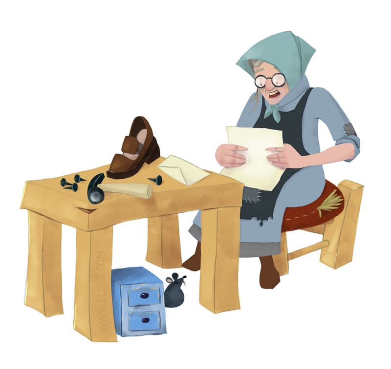 Ilustração elaborada pelo ilustrador Eldes, mostrando a viúva, do livro A Viúva e o Papagaio, saindo de casa carregando sua mala