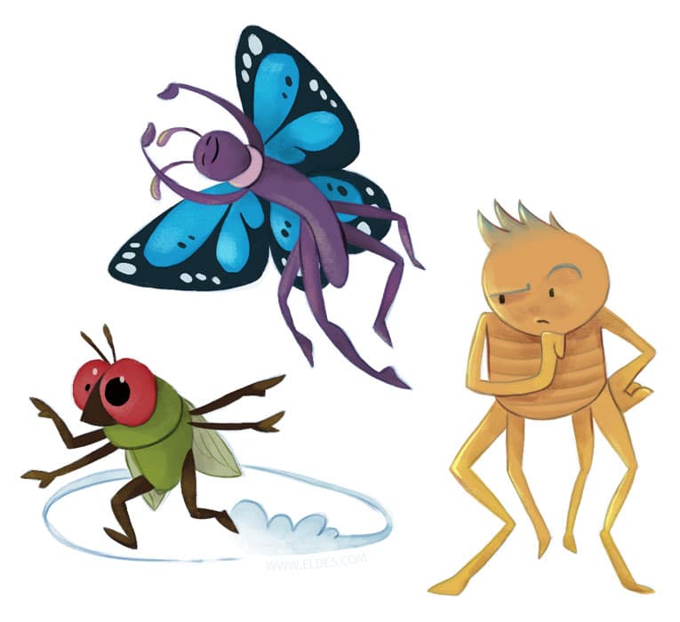 Ilustração elaborada pelo ilustrador Eldes, de uma borboleta, uma pulga e uma mosca, para o livro didático