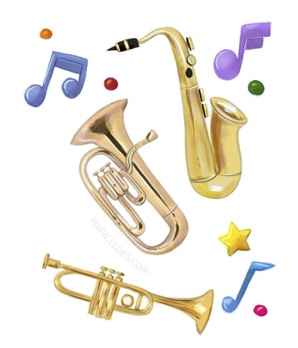 Ilustração elaborada pelo ilustrador Eldes, mostrando instrumentos musicais, do livro Toca e Foge ou a Flauta sem Mágica