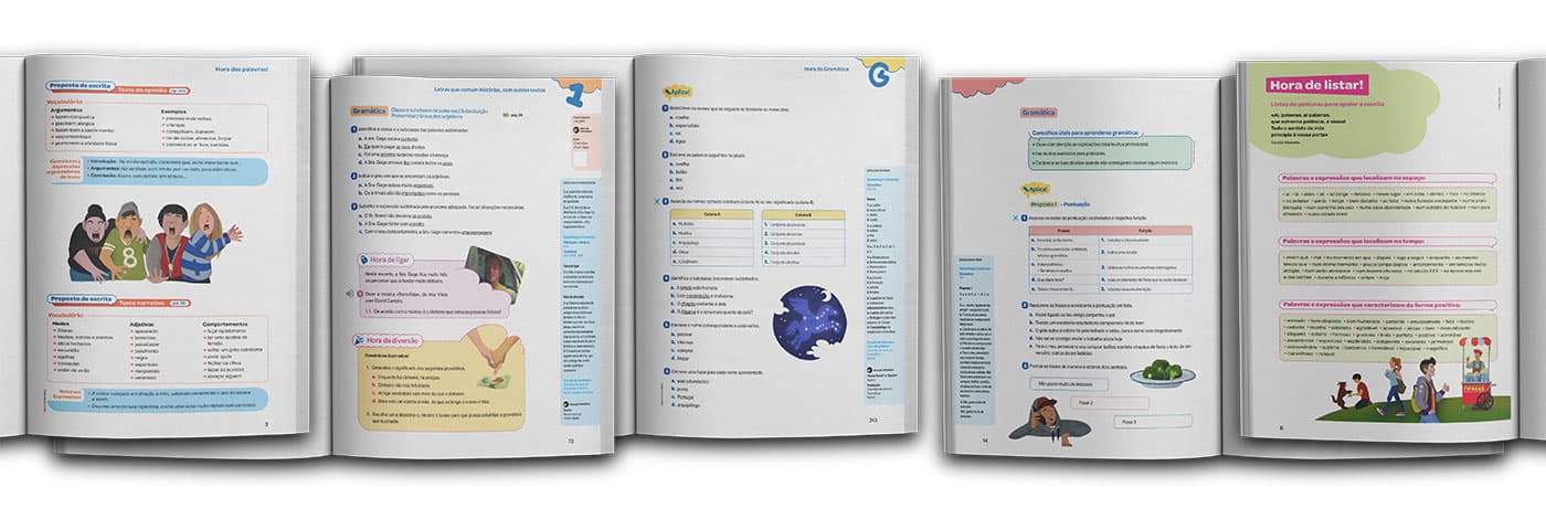 Mockup do livro didático Hora das Letras, mostrando diversas das ilustrações anteriores aplicadas nas páginas