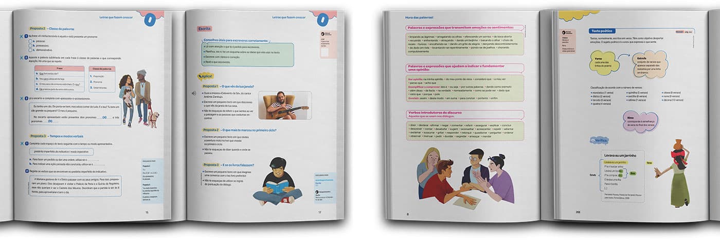 Mockup do livro didático Hora das Letras, mostrando diversas das ilustrações anteriores aplicadas nas páginas