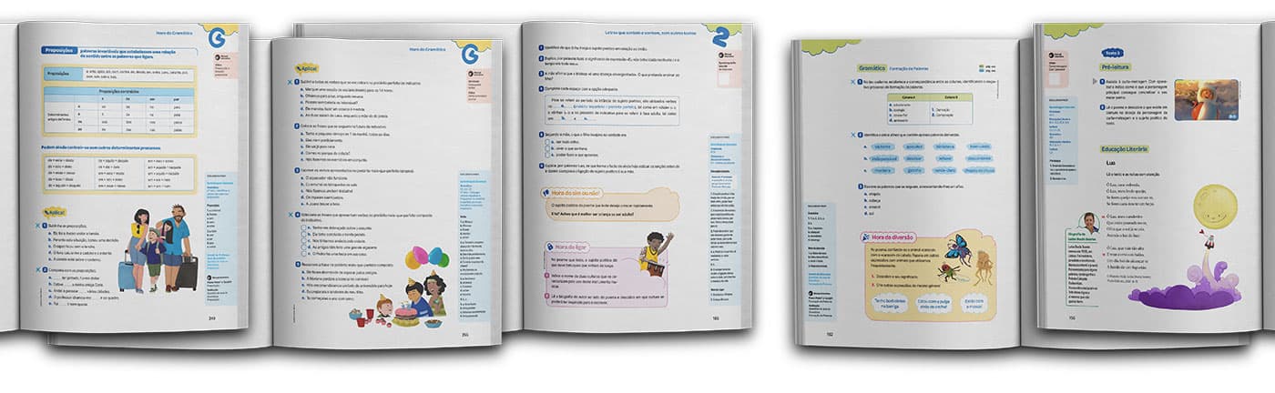 Mockup do livro didático Hora das Letras, mostrando diversas das ilustrações anteriores aplicadas nas páginas